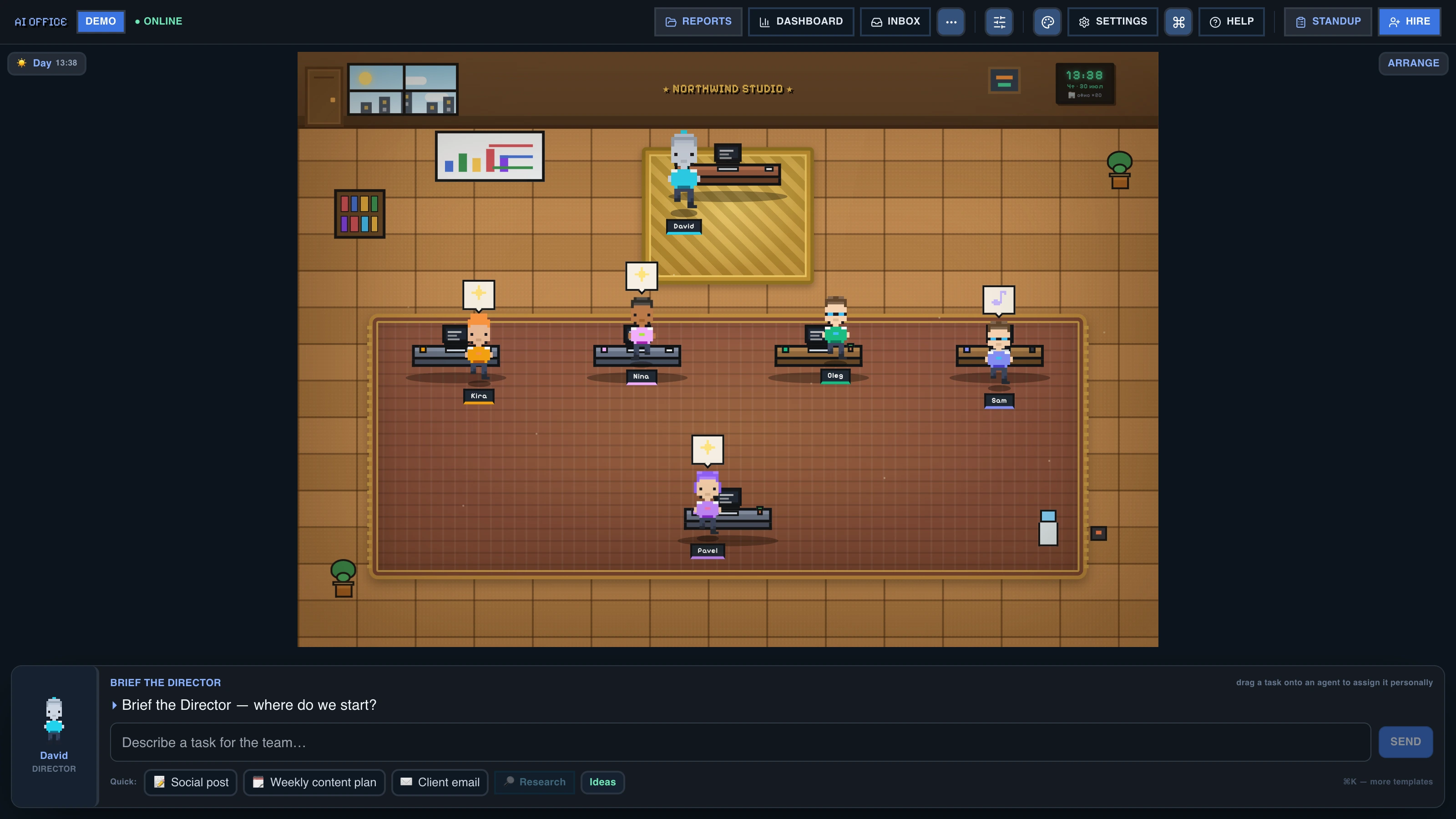 AI Office — a live pixel office where a team of AI specialists work at their desks, running on your own server